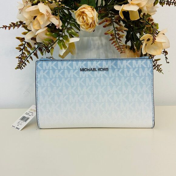 Michael Kors Wallet Jet Set Large Ombré Signature Logo Wristlet LT Sky - Picture 1 of 4